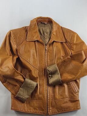 VTG 70s Chevron Leather Jacket Camel Brown Rocker Boho
